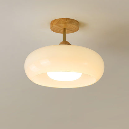 Glass Disc Overhead Fixture Wood Accent 11-Inch Warm Ambient Lighting for Dining Areas Entryways Bedrooms Mid-Century Modern Scandinavian St