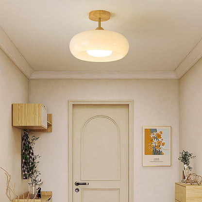 Flush Mount Ceiling Light Fixture Wood & Glass 11 Inch Round for Bedroom Bathroom Dining Room E26 Base Hardwired Indoor Ambient Lighting