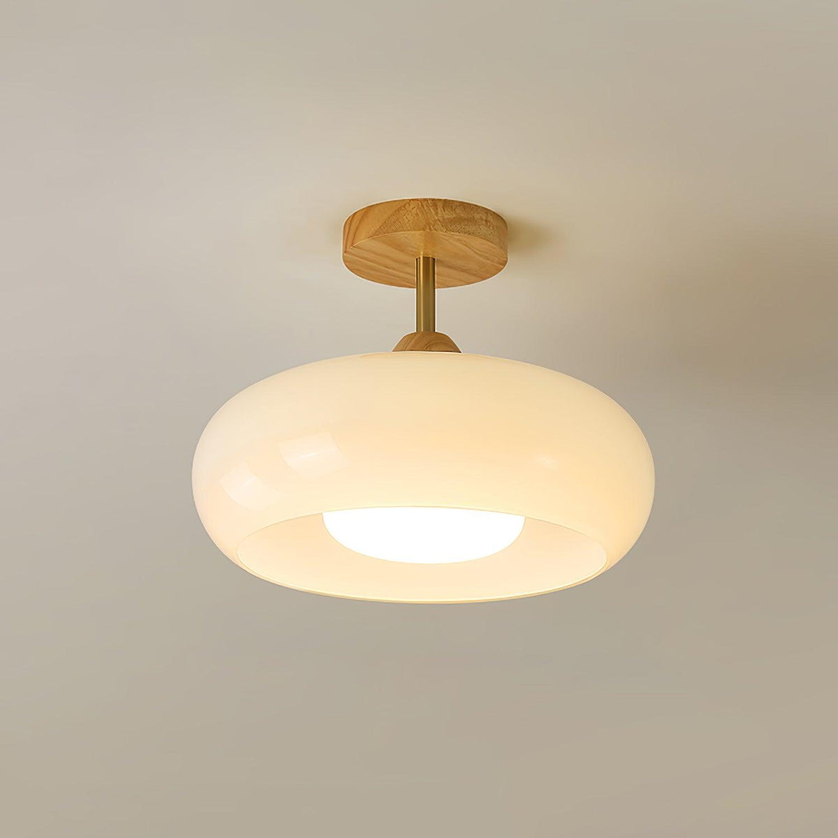 Glass Disc Overhead Fixture Wood Accent 11-Inch Warm Ambient Lighting for Dining Areas Entryways Bedrooms Mid-Century Modern Scandinavian St