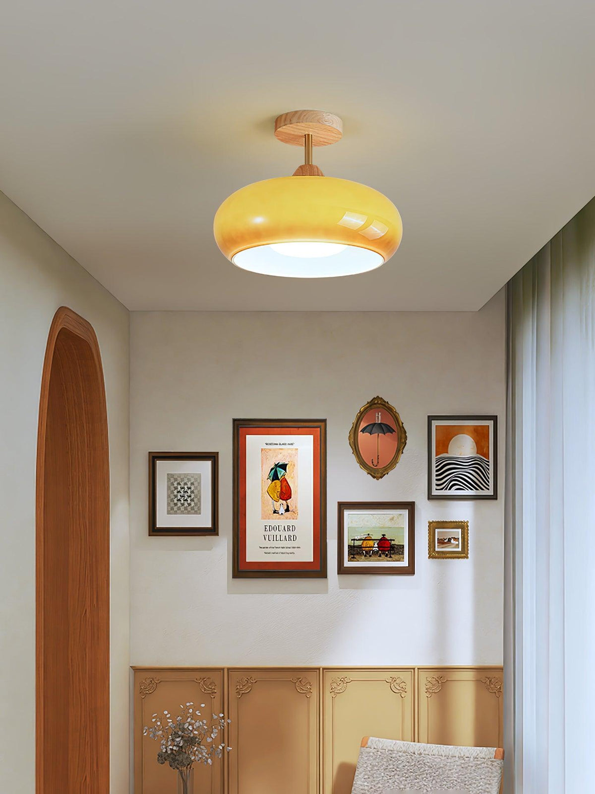 Flush Mount Ceiling Light Fixture Wood & Glass 11 Inch Round for Bedroom Bathroom Dining Room E26 Base Hardwired Indoor Ambient Lighting