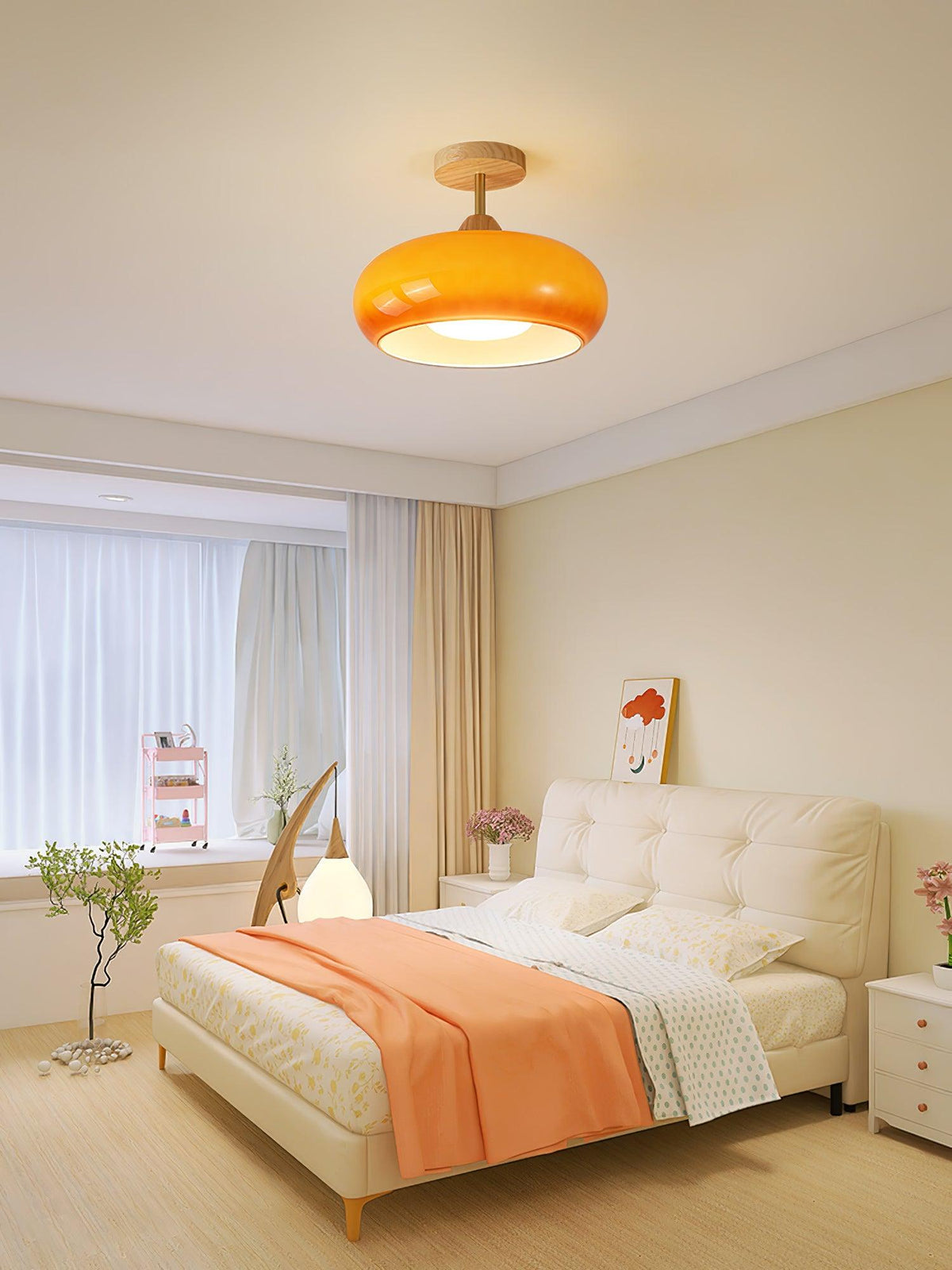 Flush Mount Ceiling Light Fixture Wood & Glass 11 Inch Round for Bedroom Bathroom Dining Room E26 Base Hardwired Indoor Ambient Lighting