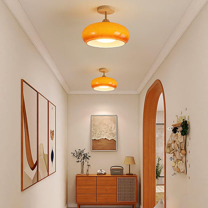 Flush Mount Ceiling Light Fixture Wood & Glass 11 Inch Round for Bedroom Bathroom Dining Room E26 Base Hardwired Indoor Ambient Lighting