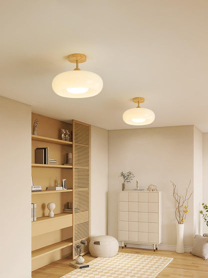 Glass Disc Overhead Fixture Wood Accent 11-Inch Warm Ambient Lighting for Dining Areas Entryways Bedrooms Mid-Century Modern Scandinavian St