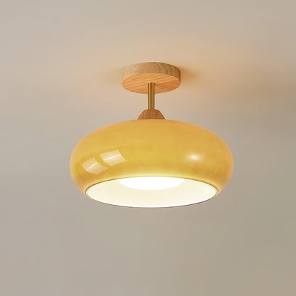 Flush Mount Ceiling Light Fixture Wood & Glass 11 Inch Round for Bedroom Bathroom Dining Room E26 Base Hardwired Indoor Ambient Lighting