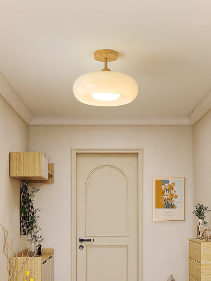 Flush Mount Ceiling Light Fixture Wood & Glass 11 Inch Round for Bedroom Bathroom Dining Room E26 Base Hardwired Indoor Ambient Lighting