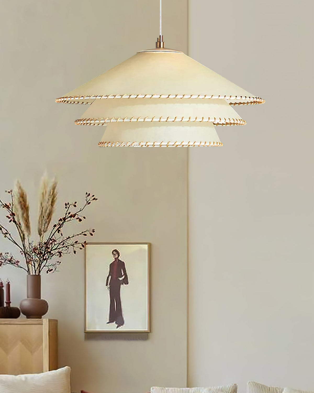 Oversized Fabric Drum Shade Ceiling Light for Kitchen Island & Dining Table – Adjustable Height Indoor Fixture with E26 Socket, Warm Ambient