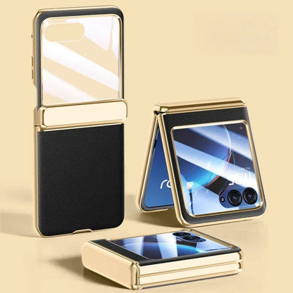 Foldable Phone Case for Motorola Razr with Screen Protector & Electroplated Frame – Slim Vegan Leather Protection