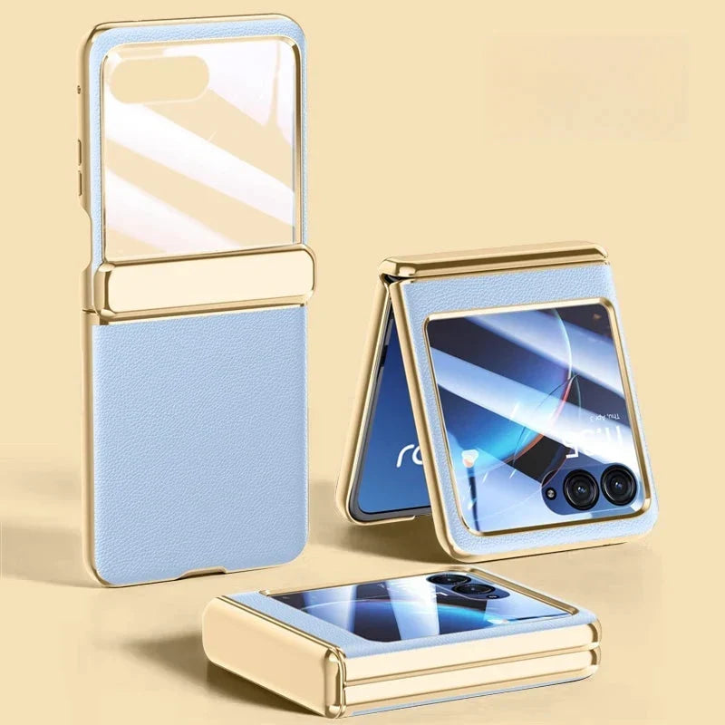 Foldable Phone Case for Motorola Razr with Screen Protector & Electroplated Frame – Slim Vegan Leather Protection