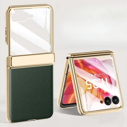 Foldable Phone Case for Motorola Razr with Screen Protector & Electroplated Frame – Slim Vegan Leather Protection