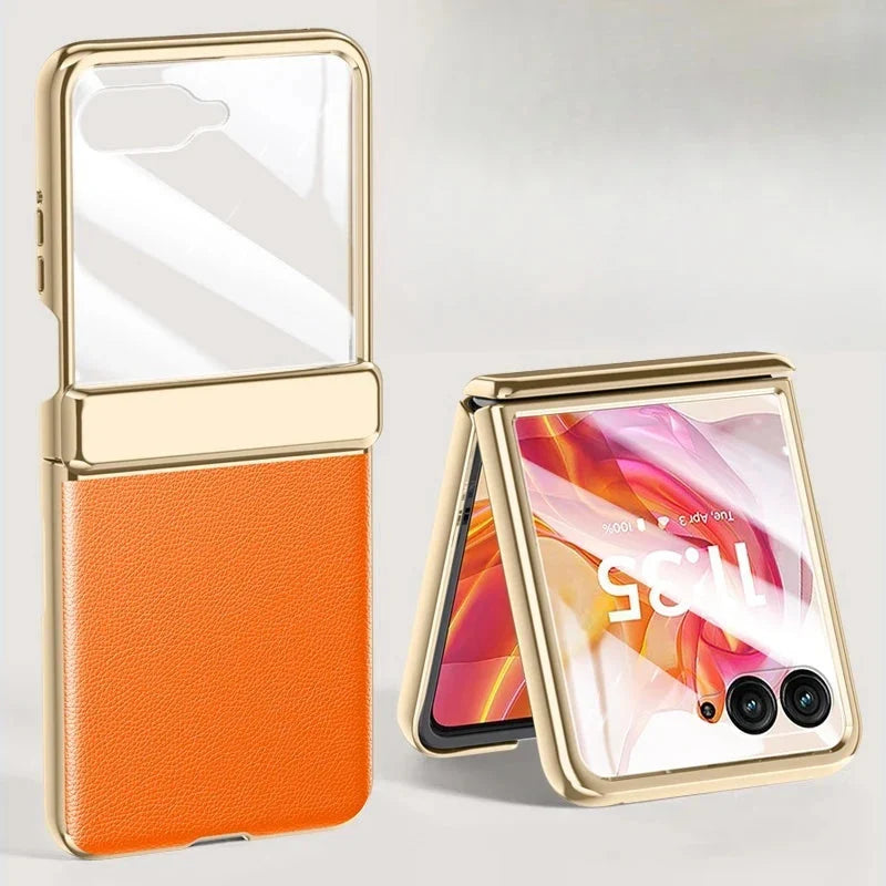 Foldable Phone Case for Motorola Razr with Screen Protector & Electroplated Frame – Slim Vegan Leather Protection