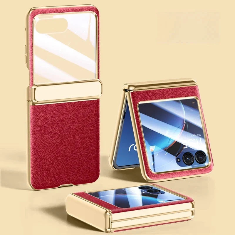 Foldable Phone Case for Motorola Razr with Screen Protector & Electroplated Frame – Slim Vegan Leather Protection