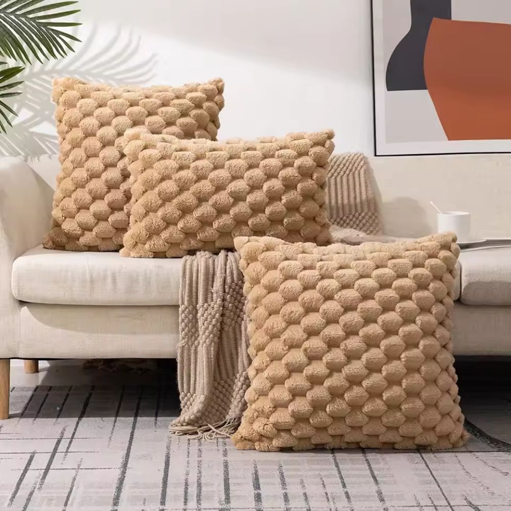Textured Pillow Cover with 3D Quilted Grid Pattern – Soft Cotton Poly Blend Throw Cushion Case for Couch, Bed & Living Room Decor