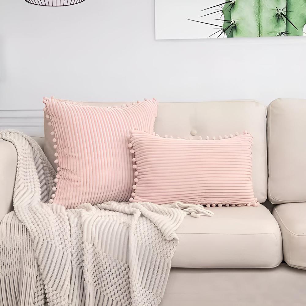 Plynn Ribbed Cushion Cover - Plush Fabric with Pom-Pom Accents