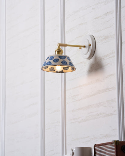 Ceramic Sconce with Brass Hardware in Blue & White – Hardwired E26 Socket for Bathroom, Bedroom & Hallway Accent Lighting