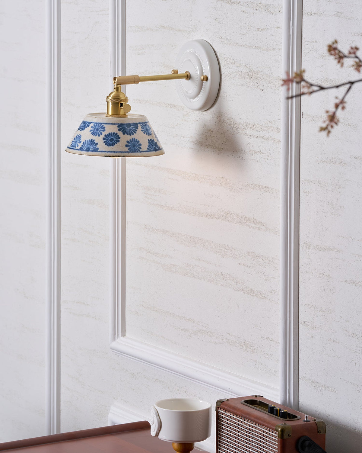 Ceramic Sconce with Brass Hardware in Blue & White – Hardwired E26 Socket for Bathroom, Bedroom & Hallway Accent Lighting