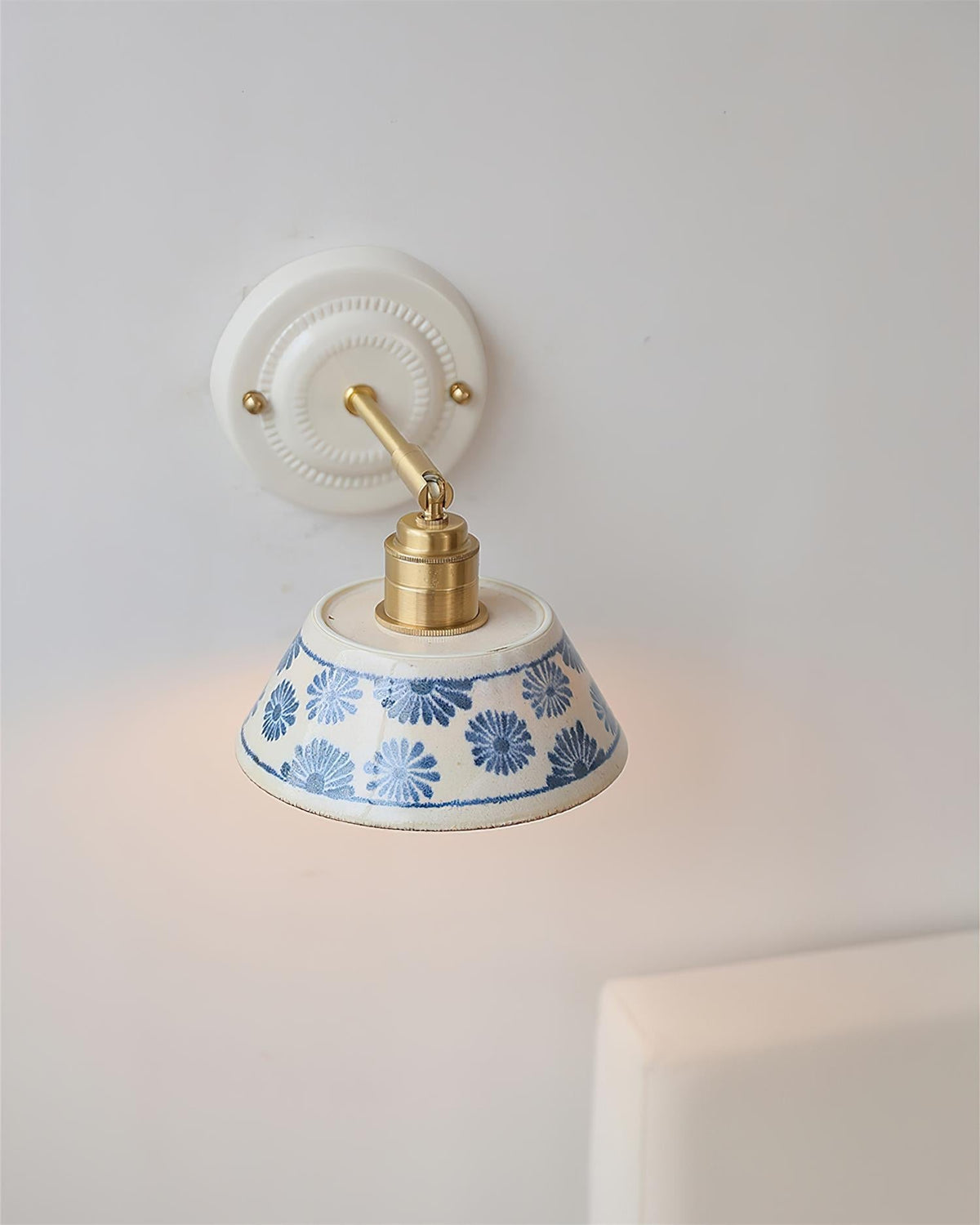 Ceramic Sconce with Brass Hardware in Blue & White – Hardwired E26 Socket for Bathroom, Bedroom & Hallway Accent Lighting