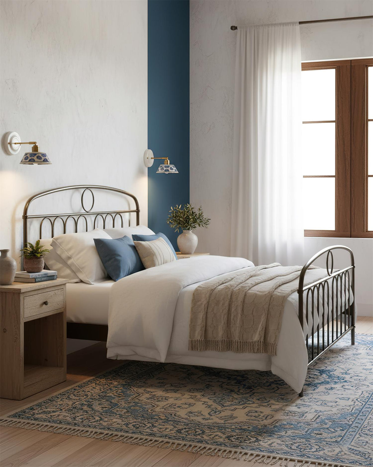 Ceramic Sconce with Brass Hardware in Blue & White – Hardwired E26 Socket for Bathroom, Bedroom & Hallway Accent Lighting