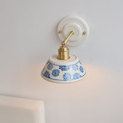 Ceramic Sconce with Brass Hardware in Blue & White – Hardwired E26 Socket for Bathroom, Bedroom & Hallway Accent Lighting