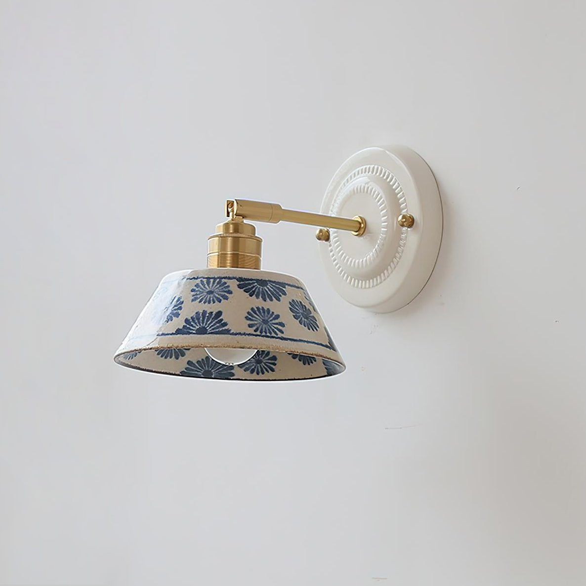 Ceramic Sconce with Brass Hardware in Blue & White – Hardwired E26 Socket for Bathroom, Bedroom & Hallway Accent Lighting