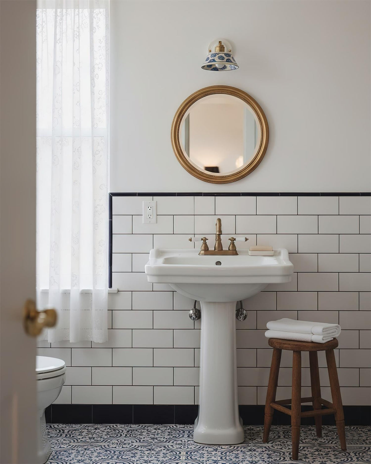 Ceramic Sconce with Brass Hardware in Blue & White – Hardwired E26 Socket for Bathroom, Bedroom & Hallway Accent Lighting