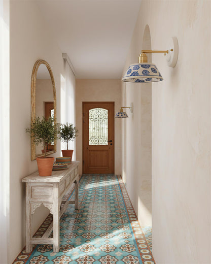 Ceramic Sconce with Brass Hardware in Blue & White – Hardwired E26 Socket for Bathroom, Bedroom & Hallway Accent Lighting