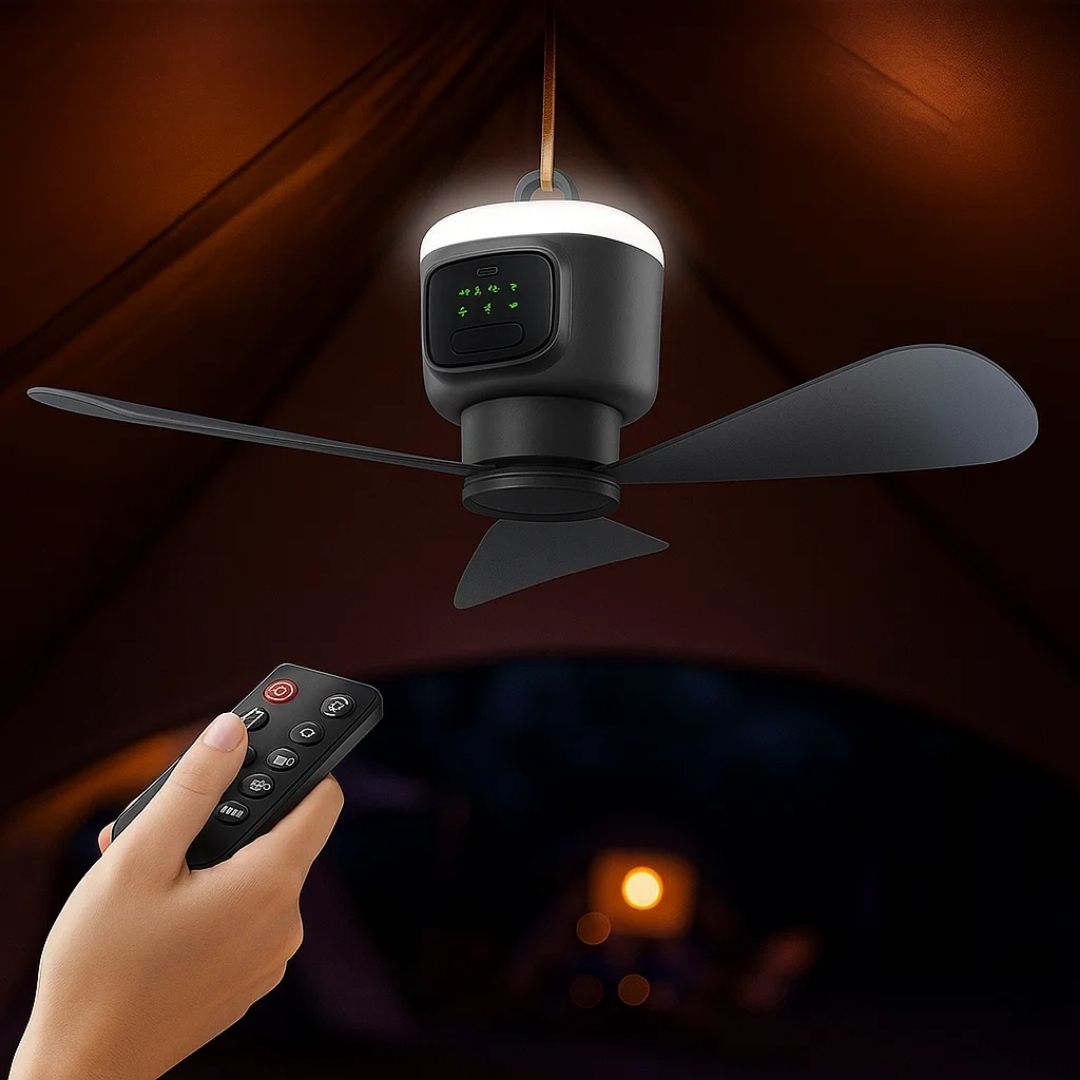 Portable Remote-Control Ceiling Fan with LED Light & 30-Hour Battery Life | Compact Design for Home & Travel