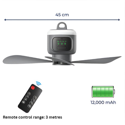 Portable Remote-Control Ceiling Fan with LED Light & 30-Hour Battery Life | Compact Design for Home & Travel