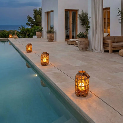 Portable Vintage LED Lantern, Handwoven Rattan & Bamboo, Accent Light for Warm Ambient Lighting