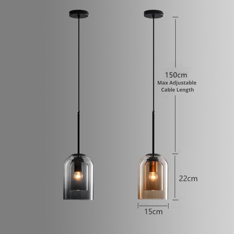 Dual-Layer Glass Pendant Light 6 in Smoke Gray E27 Socket Hanging Lamp Adjustable 59 in Cord for Dining Table Kitchen Island Ceiling Fixture