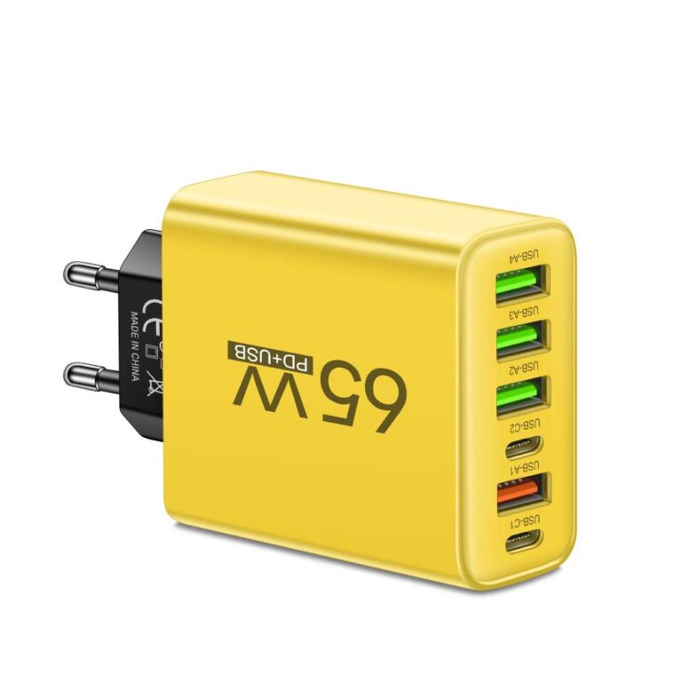 Multi-Device USB Charging Station 65W 6-Port Wall Charger Hub for Smartphones Tablets Laptops Travel Home Office Desktop Black White Yellow