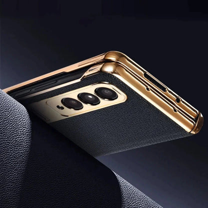 Genuine Leather Foldable Phone Case for Galaxy Z Fold 3/4/5/6/7/8 – Kickstand or Finger Loop Options – Full Protection Design