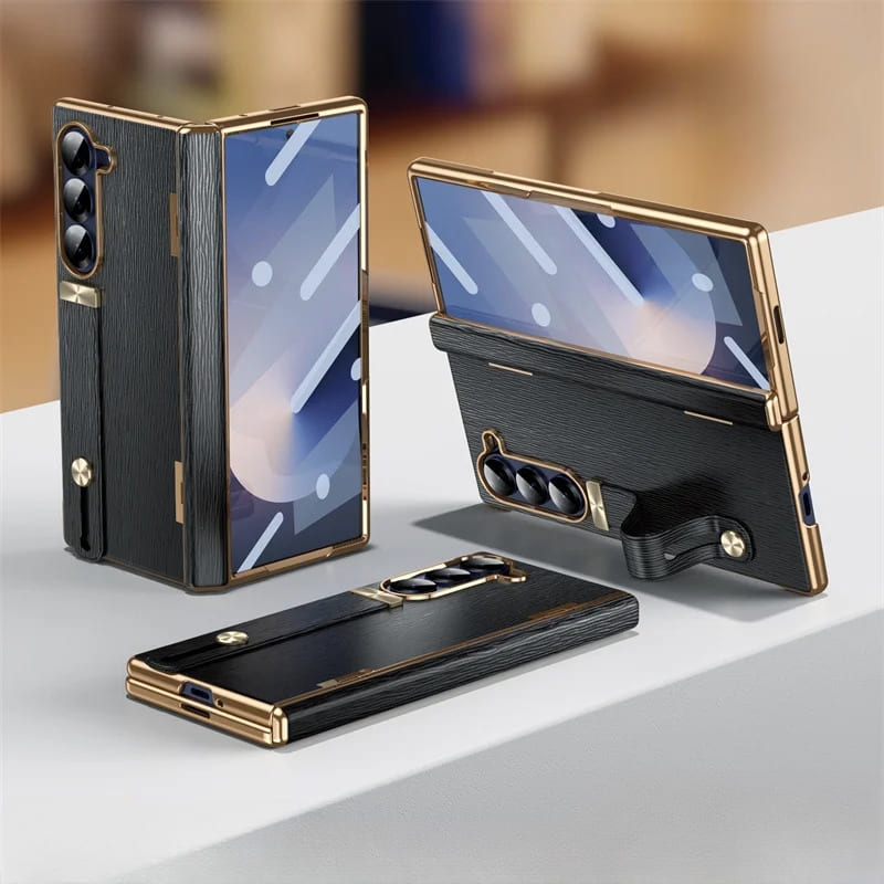 Genuine Leather Foldable Phone Case for Galaxy Z Fold 3/4/5/6/7/8 – Kickstand or Finger Loop Options – Full Protection Design