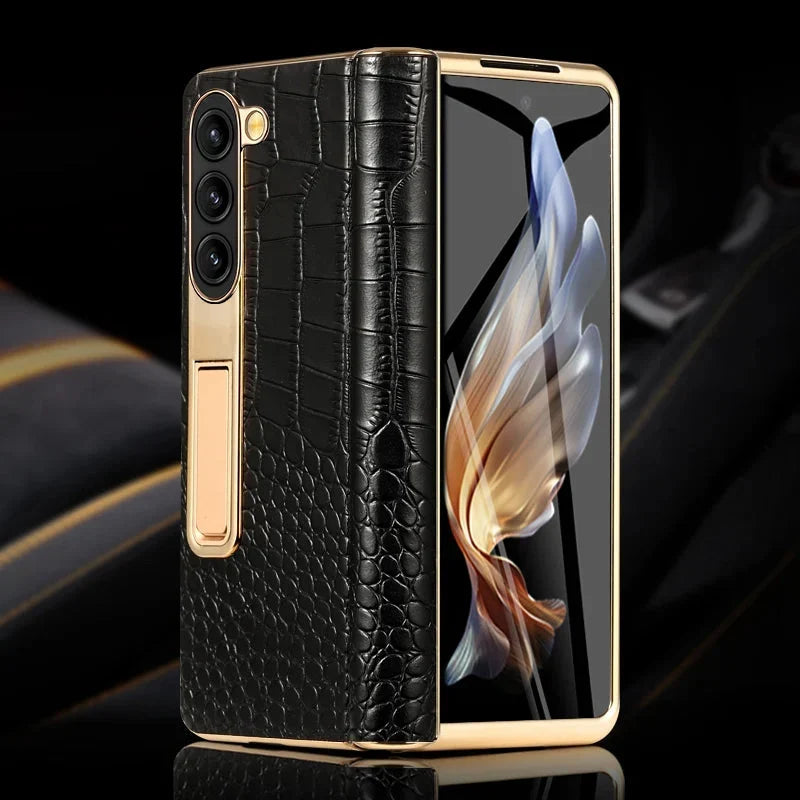 Genuine Leather Foldable Phone Case for Galaxy Z Fold 3/4/5/6/7/8 – Kickstand or Finger Loop Options – Full Protection Design