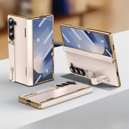 Genuine Leather Foldable Phone Case for Galaxy Z Fold 3/4/5/6/7/8 – Kickstand or Finger Loop Options – Full Protection Design