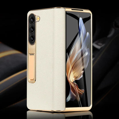 Genuine Leather Foldable Phone Case for Galaxy Z Fold 3/4/5/6/7/8 – Kickstand or Finger Loop Options – Full Protection Design