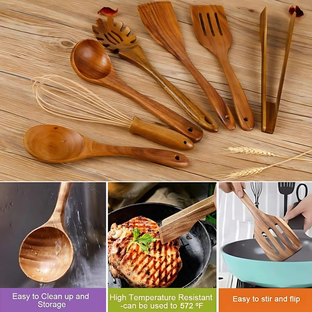 7-Piece Teak Wood Kitchen Utensil Set for Cooking & Serving, Heat-Resistant Natural Wooden Tools for Nonstick Pans, Includes Ladle Spatula