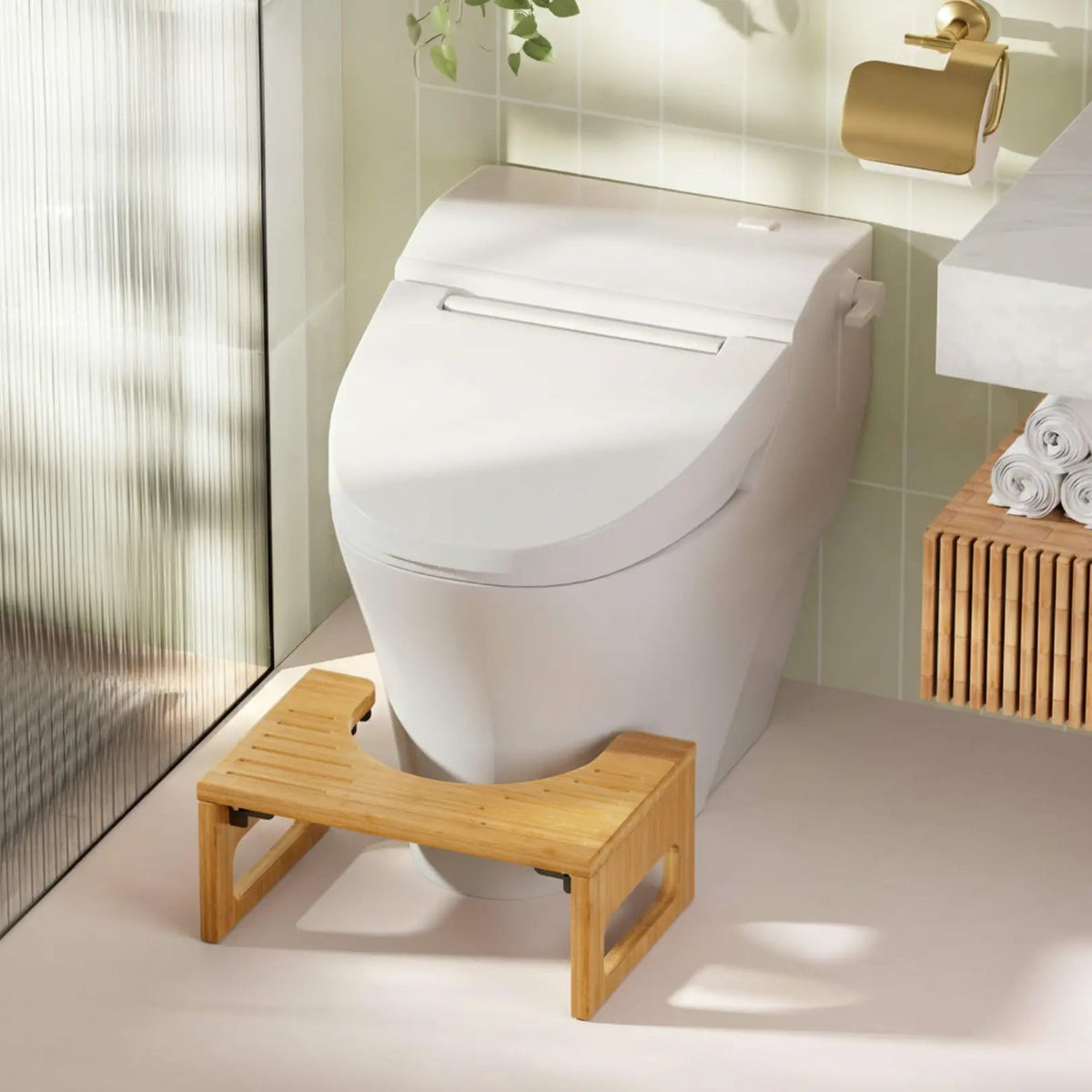 Collapsible Bathroom Footstool with Non-Slip Base – Space-Saving Bamboo Step Riser for Optimal Posture & Comfort