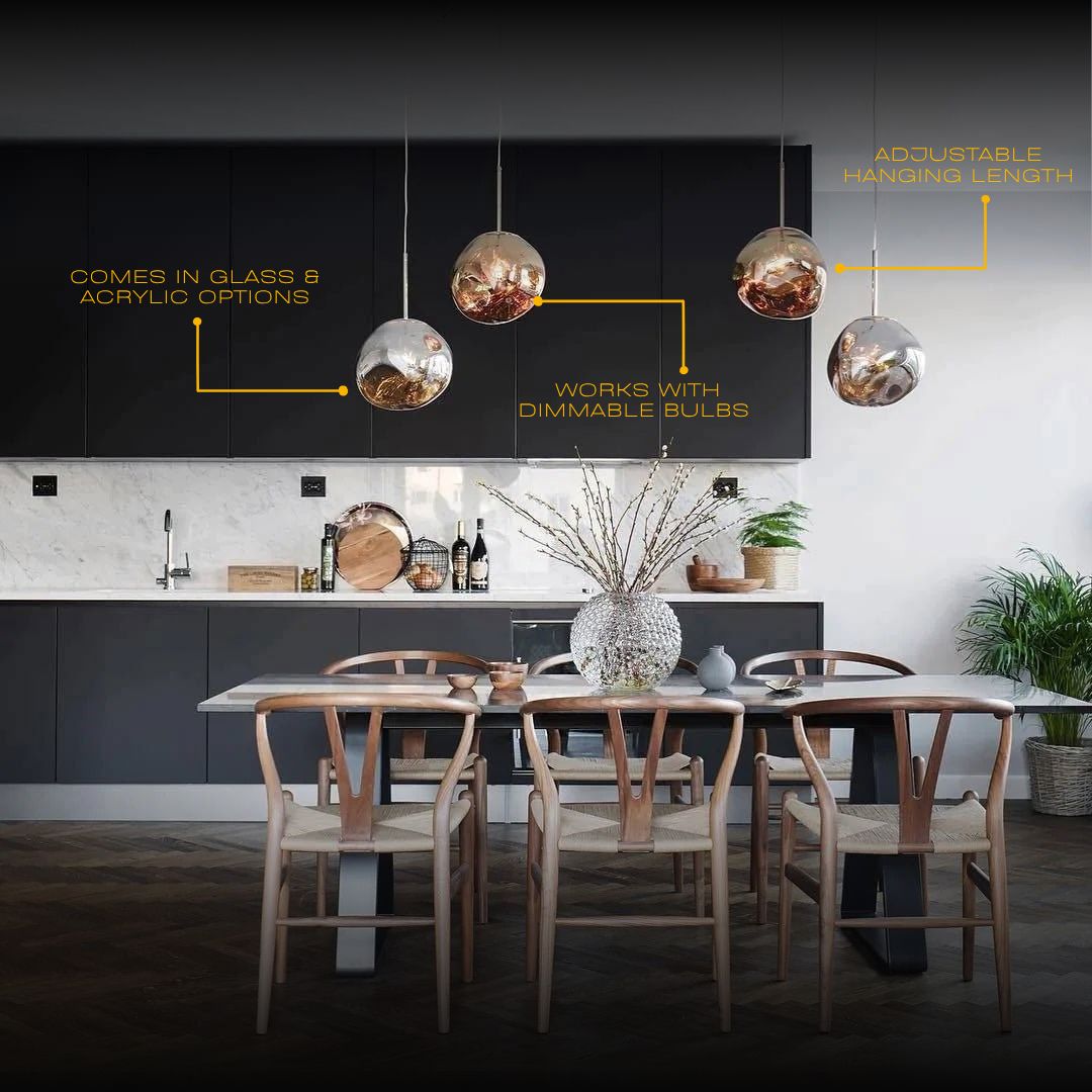 Reflective Globe Hanging Light Fixture Adjustable Height E27 Socket for Kitchens Dining Rooms | Modern Orb Ceiling Lamp Chrome Gold Glass