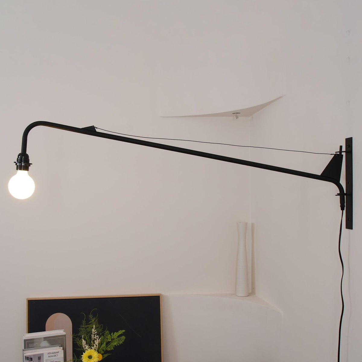 Adjustable Swing Arm Wall Sconce Black Iron 43 in Reach Modern Task Light for Office Living Room Bedroom Workspace Reading Ambient Lighting