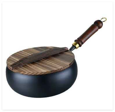 12-Inch Cast-Iron Round-Bottom Skillet with Wood Handle and Lid for Induction Gas Electric Stovetops