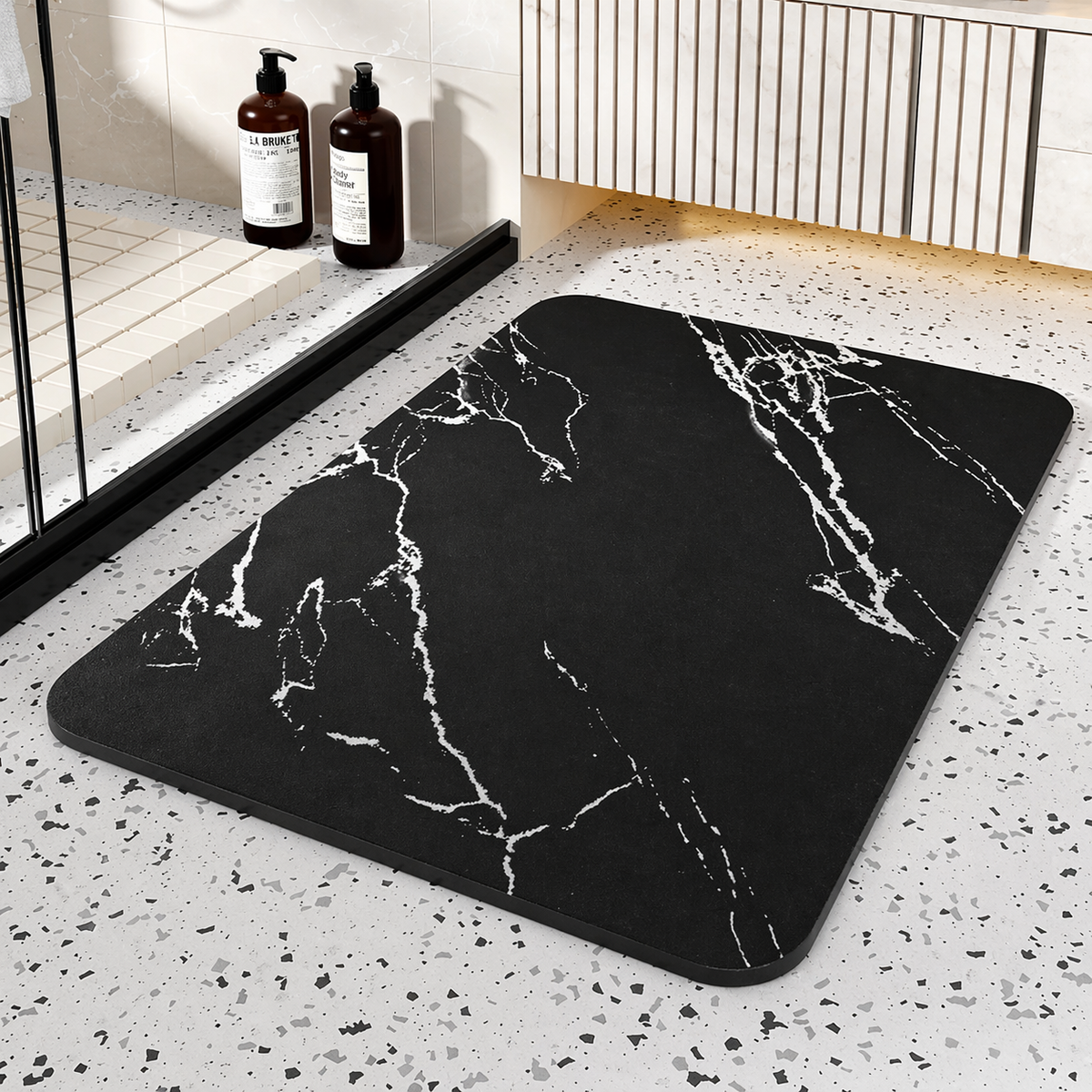Stone Bath Mat Quick Dry, Diatomaceous Earth Bath Mat Non Slip with Rubber Base Marble Design, Bathroom Mat for Shower