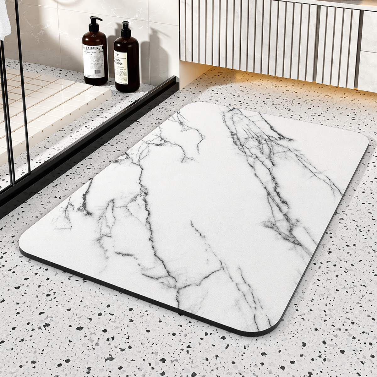 Stone Bath Mat Quick Dry, Diatomaceous Earth Bath Mat Non Slip with Rubber Base Marble Design, Bathroom Mat for Shower