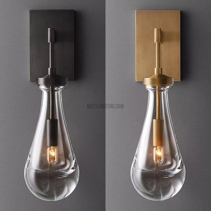 Hand-Blown Glass Wall Sconce with Teardrop Shade – Modern Brass Lighting for Bedroom, Hallway & Living Room