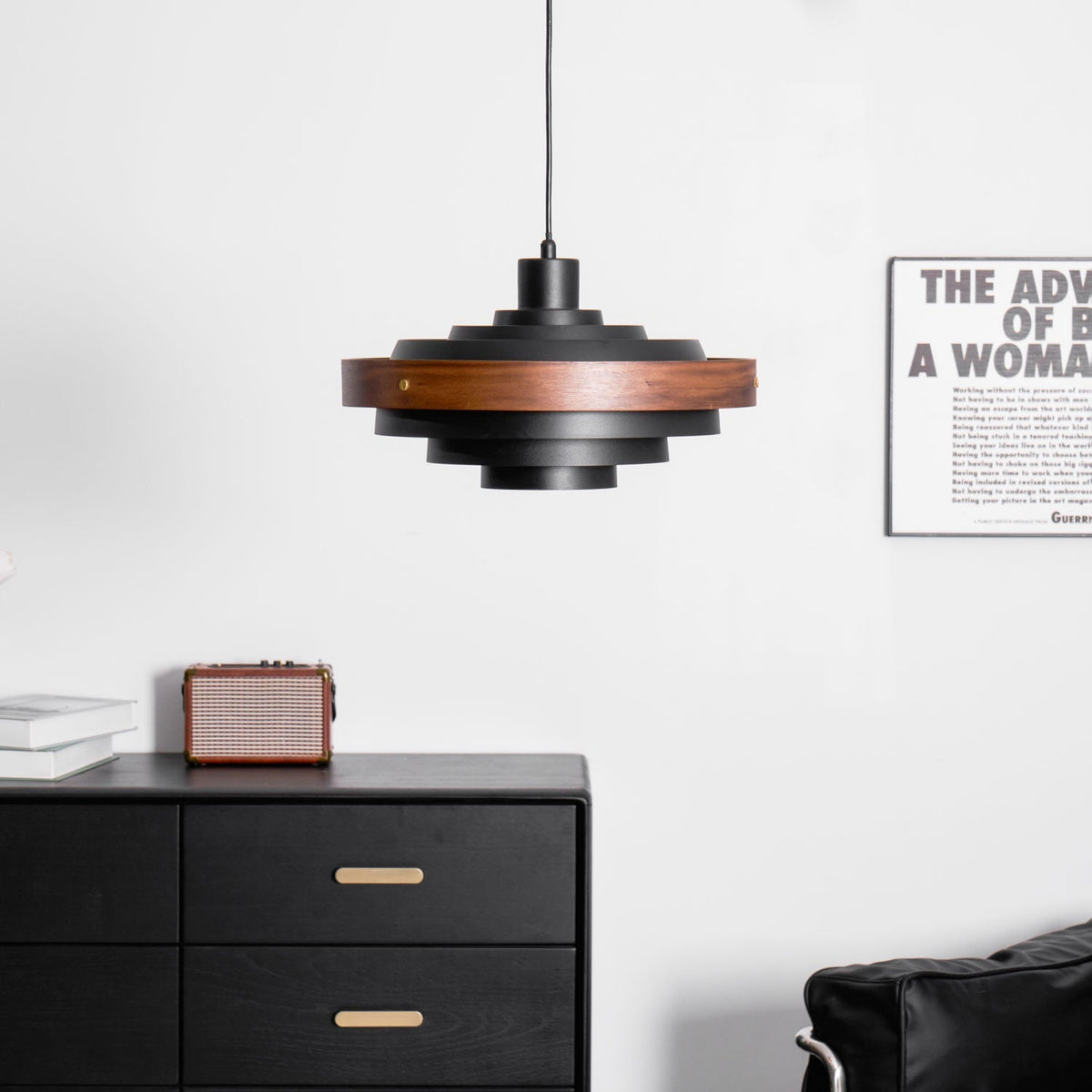 Swing Arm Ceiling Fixture with Layered Wood & Metal Shade – 16 in Diameter – Adjustable for Dining Room Kitchen Island Workspace – E26 Socke