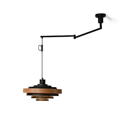Swing Arm Ceiling Fixture with Layered Wood & Metal Shade – 16 in Diameter – Adjustable for Dining Room Kitchen Island Workspace – E26 Socke