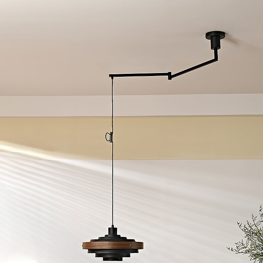 Swing Arm Ceiling Fixture with Layered Wood & Metal Shade – 16 in Diameter – Adjustable for Dining Room Kitchen Island Workspace – E26 Socke