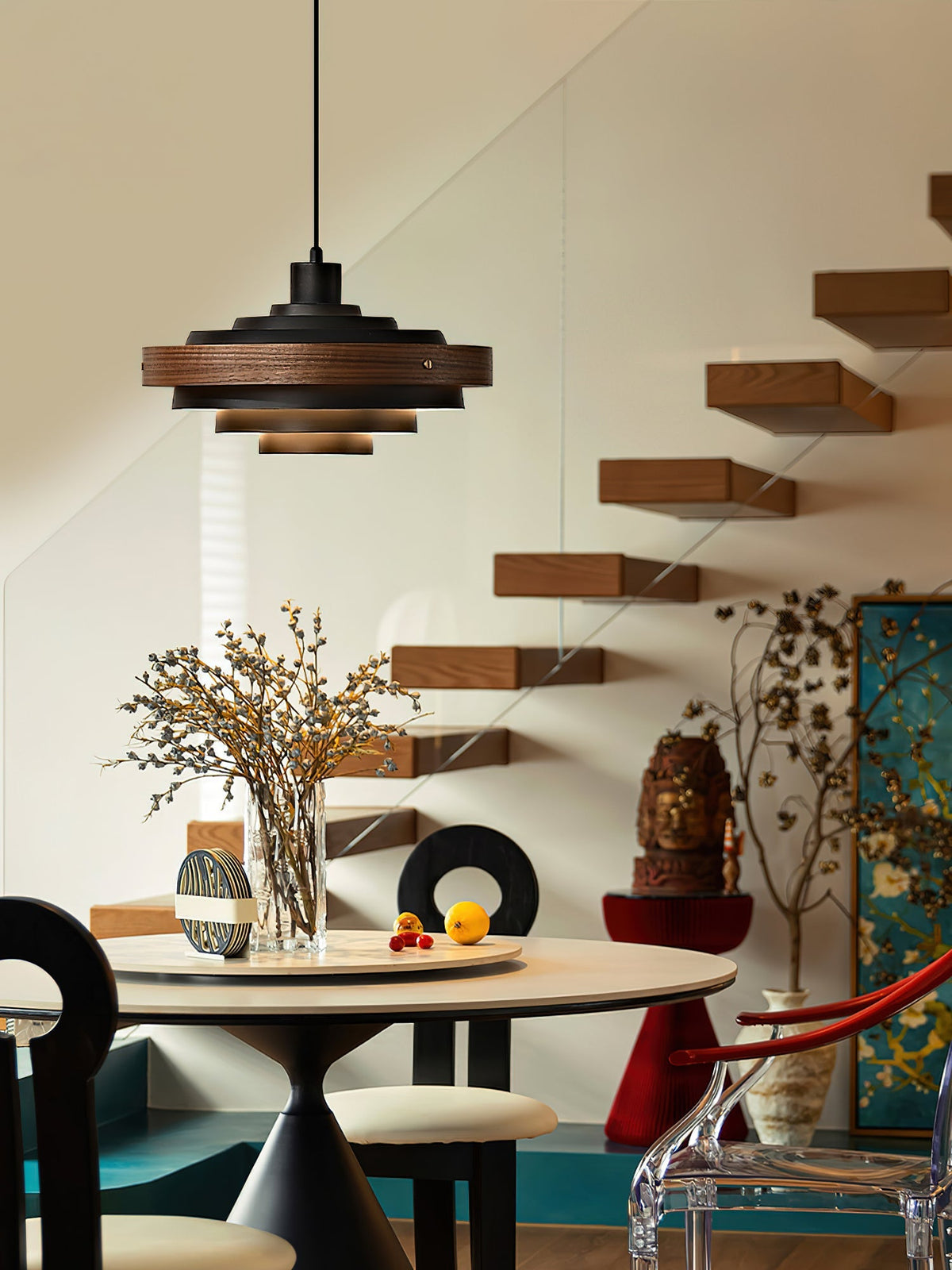 Swing Arm Ceiling Fixture with Layered Wood & Metal Shade – 16 in Diameter – Adjustable for Dining Room Kitchen Island Workspace – E26 Socke