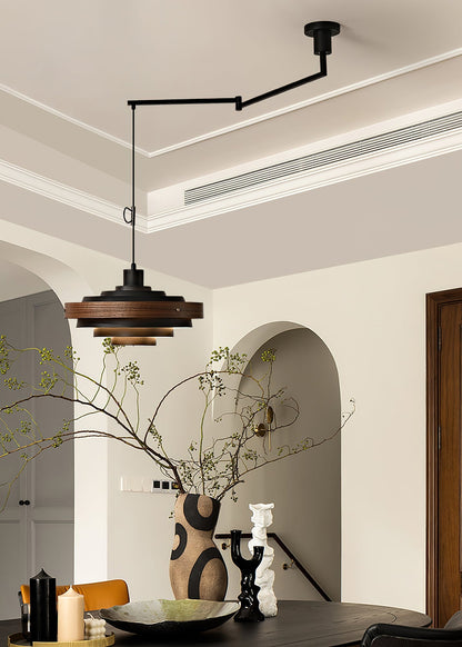 Swing Arm Ceiling Fixture with Layered Wood & Metal Shade – 16 in Diameter – Adjustable for Dining Room Kitchen Island Workspace – E26 Socke