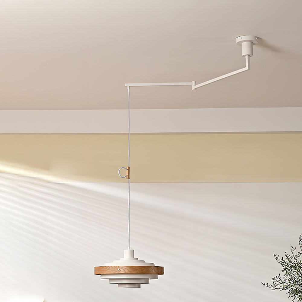 Swing Arm Ceiling Fixture with Layered Wood & Metal Shade – 16 in Diameter – Adjustable for Dining Room Kitchen Island Workspace – E26 Socke