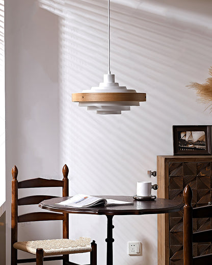 Swing Arm Ceiling Fixture with Layered Wood & Metal Shade – 16 in Diameter – Adjustable for Dining Room Kitchen Island Workspace – E26 Socke